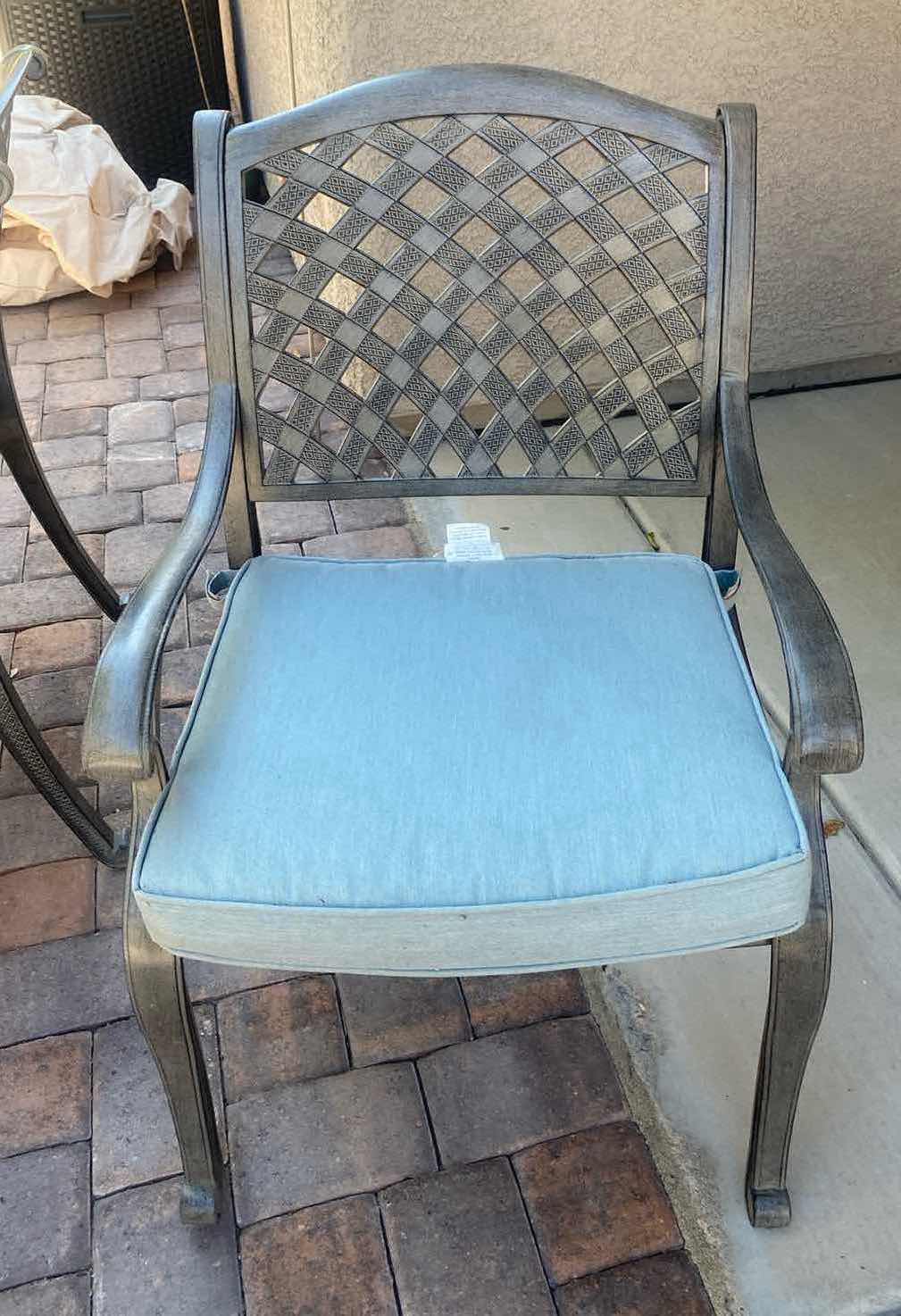 Photo 1 of GATHERCRAFT PREMIUM ALUMINUM DINING ARM CHAIR WITH SAPPHIRE CUSHION (total of four chairs available, table sold separately)