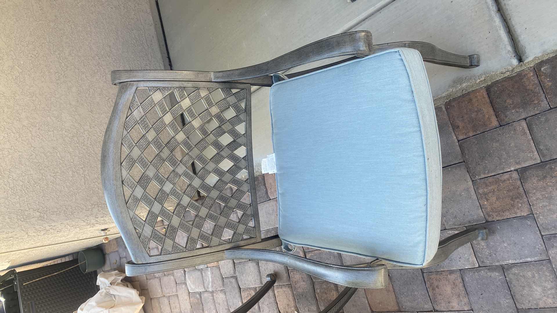 Photo 1 of GATHERCRAFT PREMIUM ALUMINUM DINING ARM CHAIR WITH SAPPHIRE CUSHION (total of four chairs available, table sold separately)