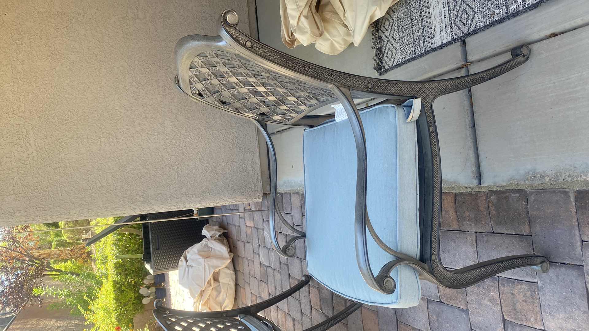 Photo 1 of GATHERCRAFT PREMIUM ALUMINUM DINING ARM CHAIR WITH SAPPHIRE CUSHION (total of four chairs available, table sold separately)