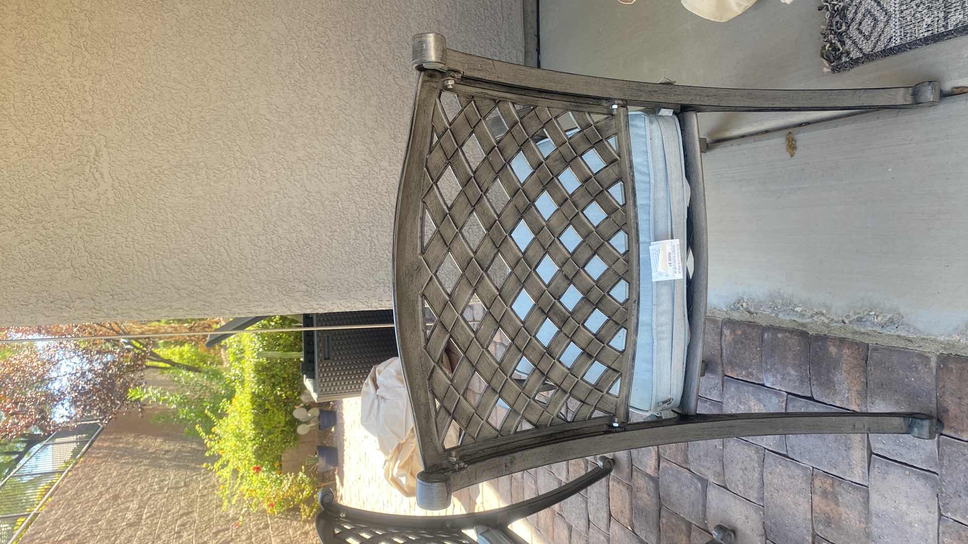 Photo 1 of GATHERCRAFT PREMIUM ALUMINUM DINING ARM CHAIR WITH SAPPHIRE CUSHION (total of four chairs available, table sold separately)