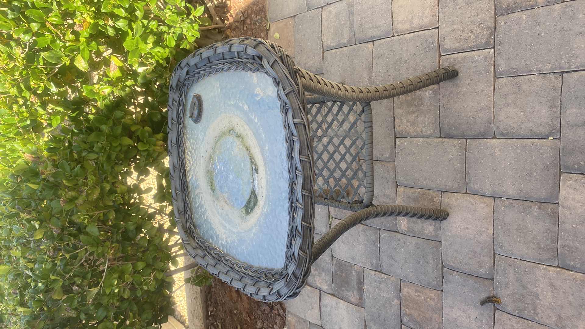 Photo 1 of GRAY WICKLER TABLE WITH GLASS TOP 20” x 20” H23”