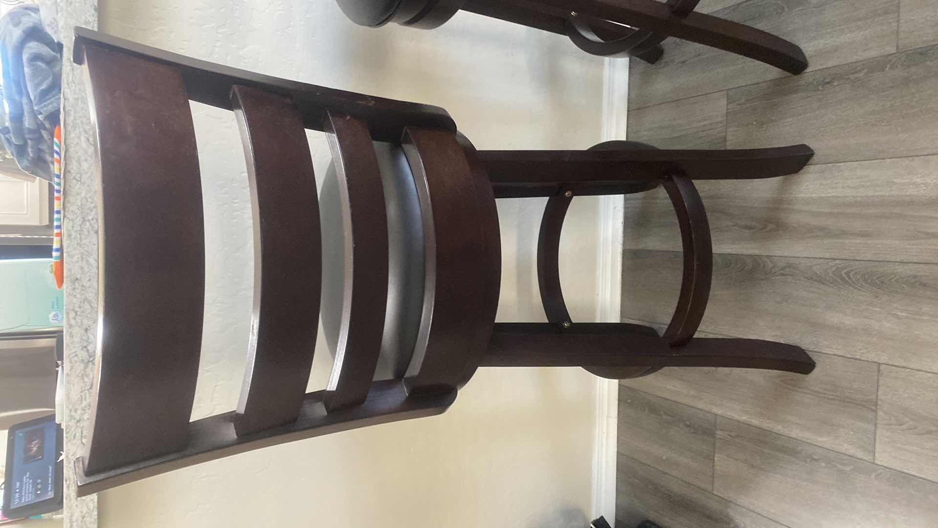 Photo 1 of 2-DARK WOOD SWIVEL BAR STOOLS WITH BLSCK SEATS, SEAT H30” OVERALL H42”