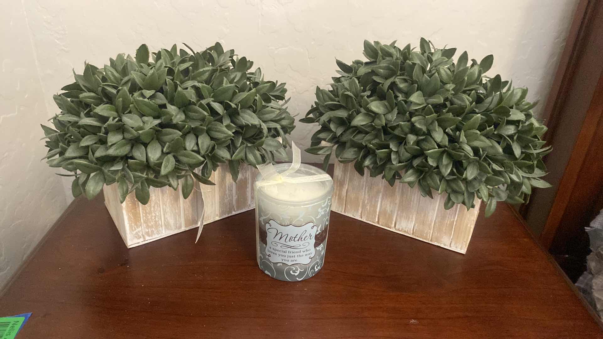 Photo 1 of 2-FAUX PLANTS 10” x 8 1/2” & CANDLE