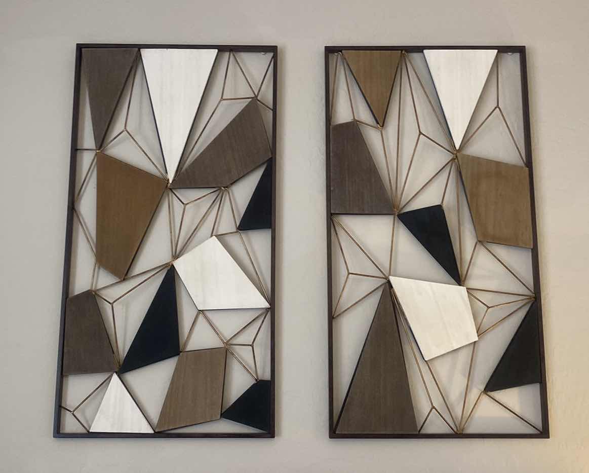 Photo 1 of 2-FRAMED METAL AND WOOD GEOMETRIC ARTWORK 20“ x 38“ EACH
