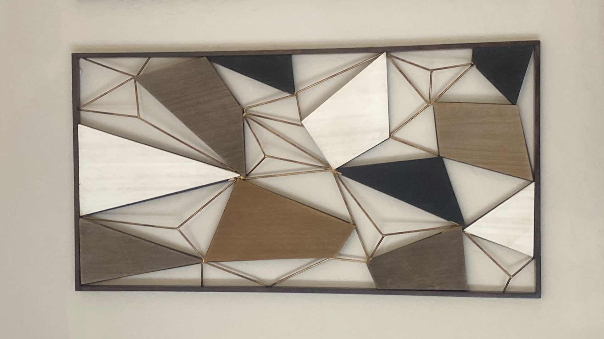 Photo 1 of 2-FRAMED METAL AND WOOD GEOMETRIC ARTWORK 20“ x 38“ EACH