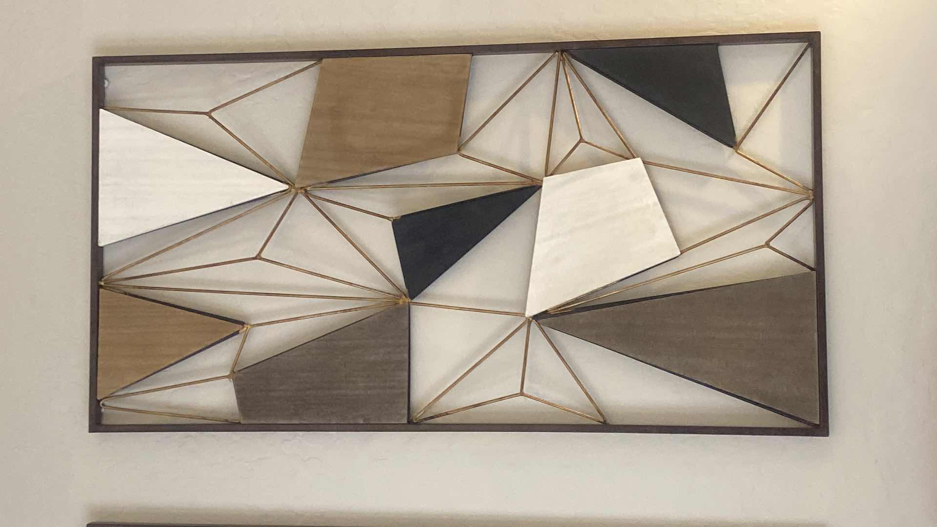 Photo 1 of 2-FRAMED METAL AND WOOD GEOMETRIC ARTWORK 20“ x 38“ EACH