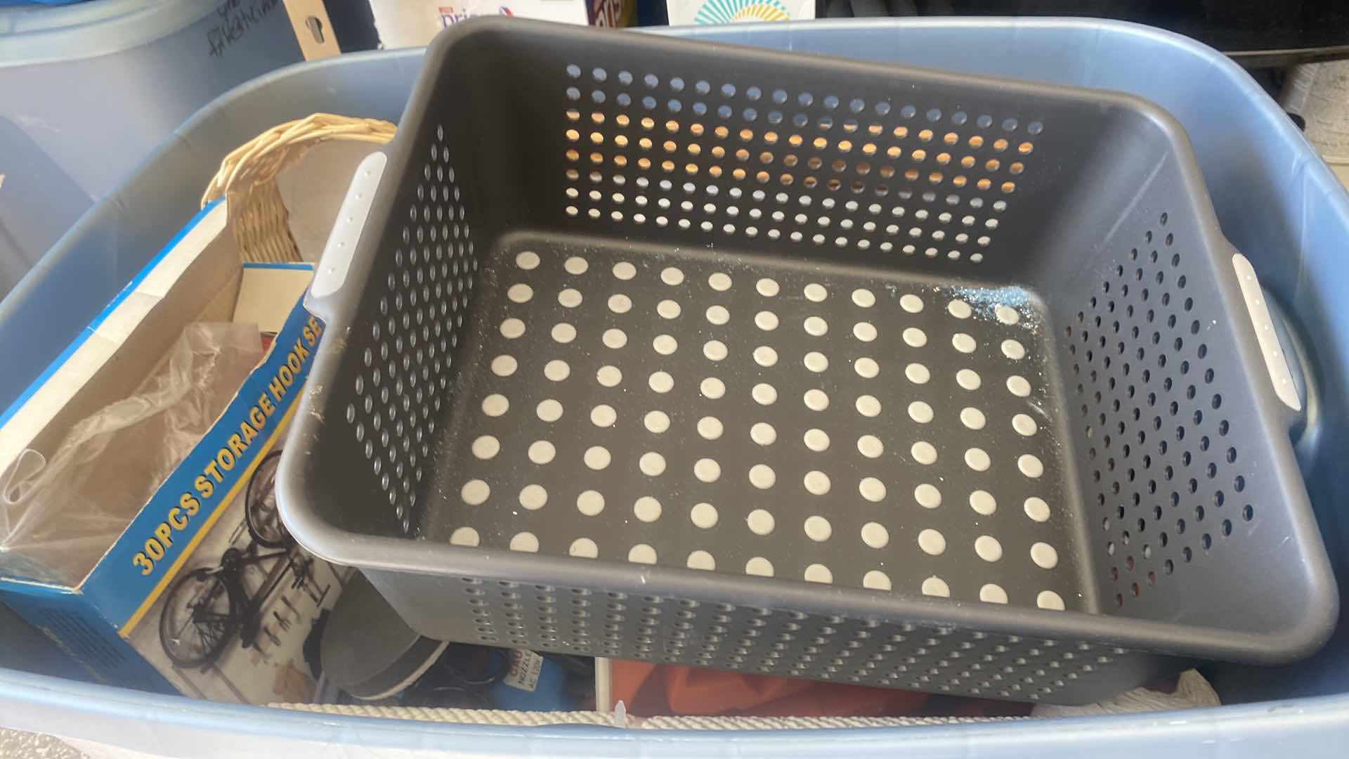 Photo 1 of TOTE OF MISC GARAGE - GLUE GUN, PICTURE FRAME, GLASS FIXTURE REPLACEMENT STORAGE HOOKS