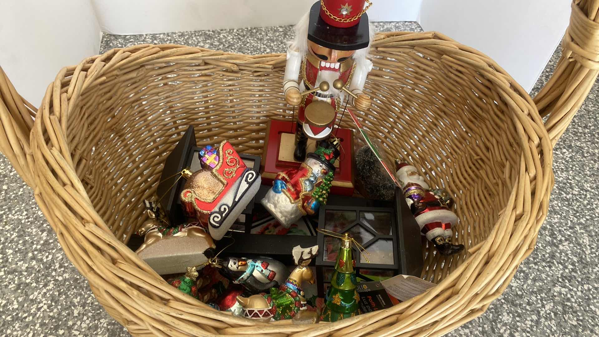 Photo 1 of WICKER BASKET 18” x 19” WITH HOLIDAY ORNAMENTS & NUTCRACKER