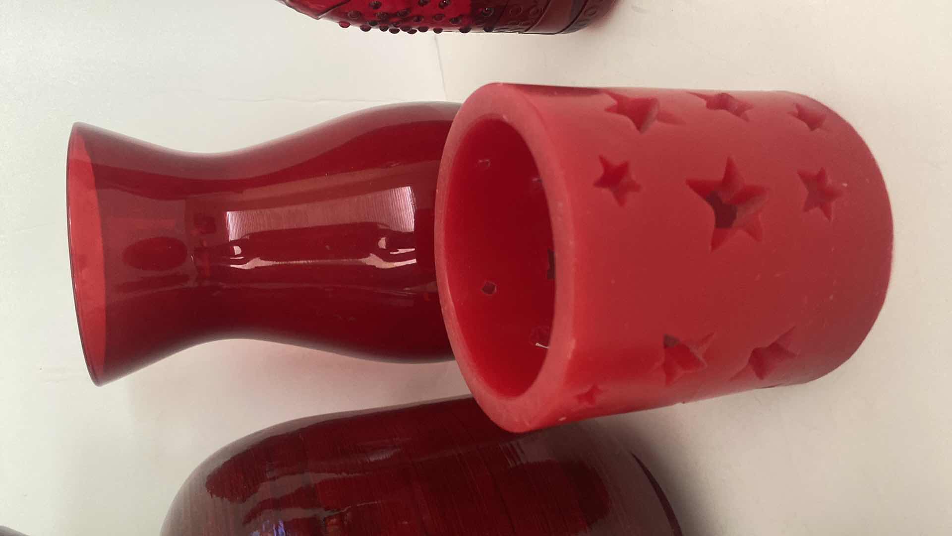 Photo 1 of 5-RED VASES, OIL BOTTLE, FAUX CACTUS & CANDLE TALLEST H 11”