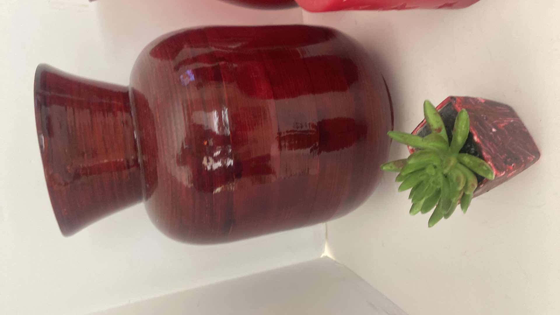 Photo 1 of 5-RED VASES, OIL BOTTLE, FAUX CACTUS & CANDLE TALLEST H 11”