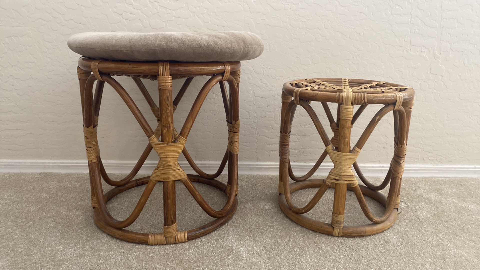 Photo 1 of PAIR OF WOOD TABLES/STOOLS WITH REED DETAILS. LARGEST 14 1/2” x 16”