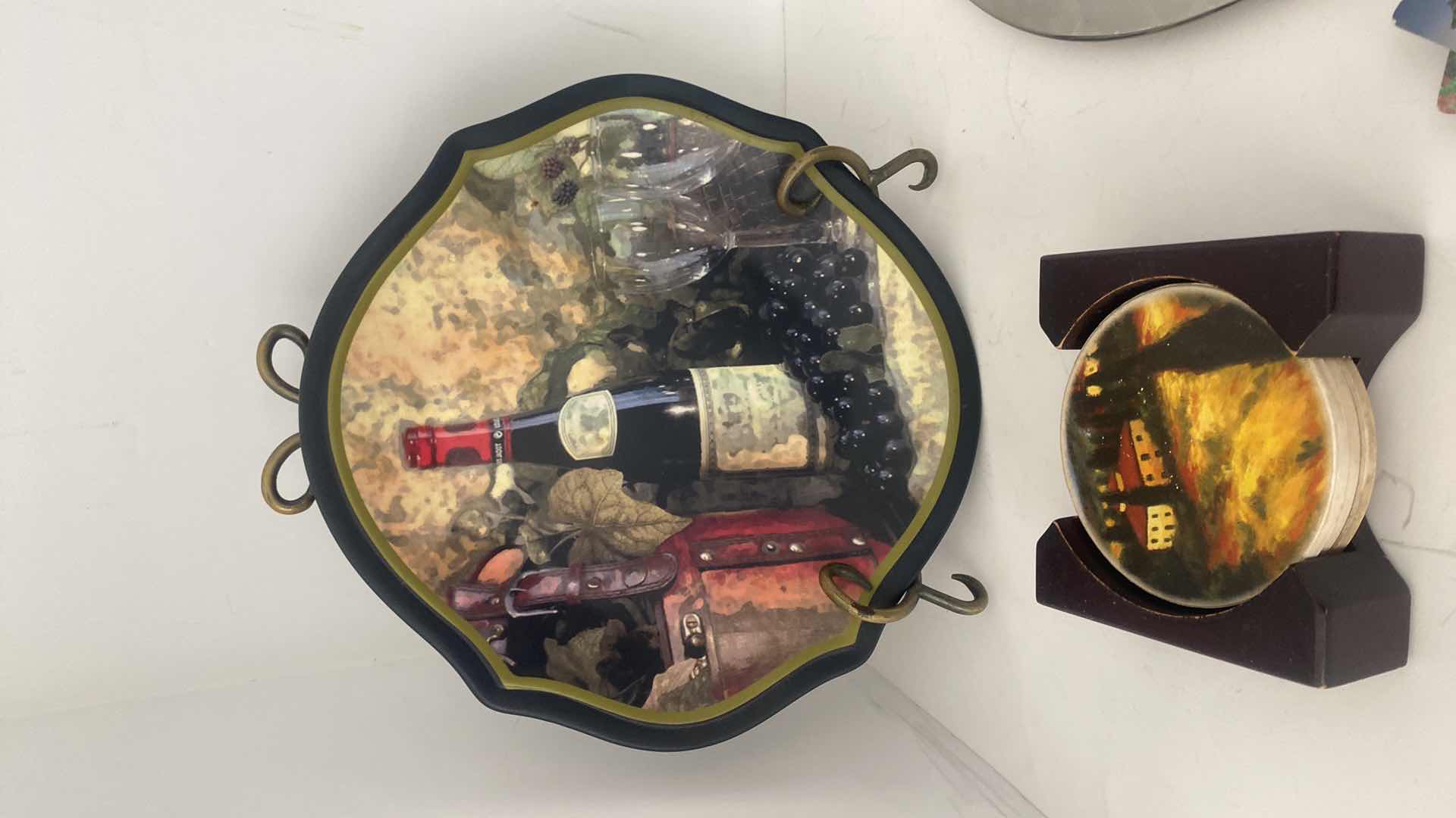 Photo 1 of WIDE-EYED DESIGNS RED WINE STONEWARE PLATE 11” WITH STAND, METAL TRAY & COASTERS