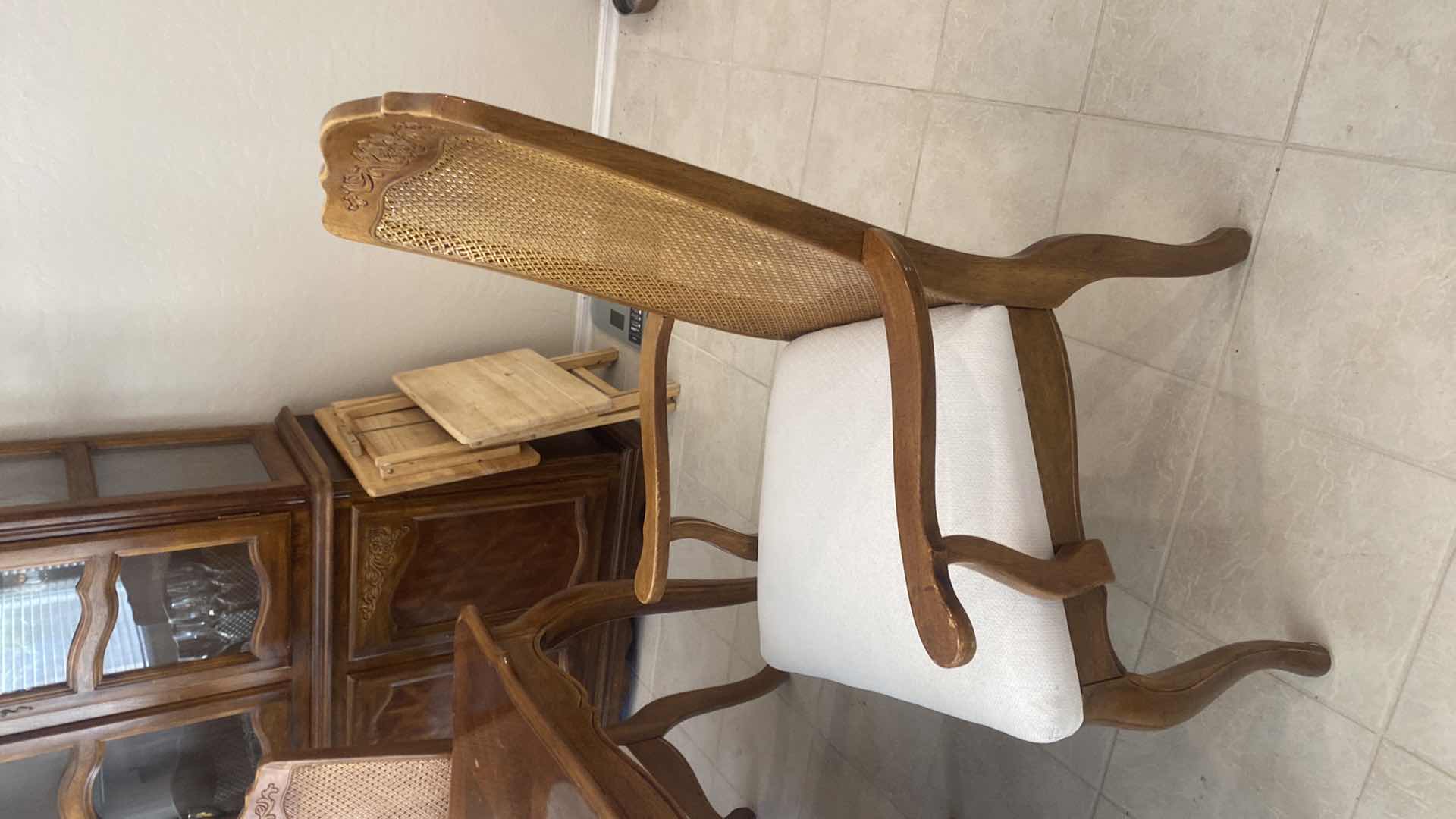 View 7 of WOOD TRADITIONAL DINING TABLE 59” x 39” H 30” + 2 12” LEAFS & 6 CANE BACK UPHOLSTERED CHAIRS MANUFACTURED IN TAIWAN (matching China hutch available sold separately)