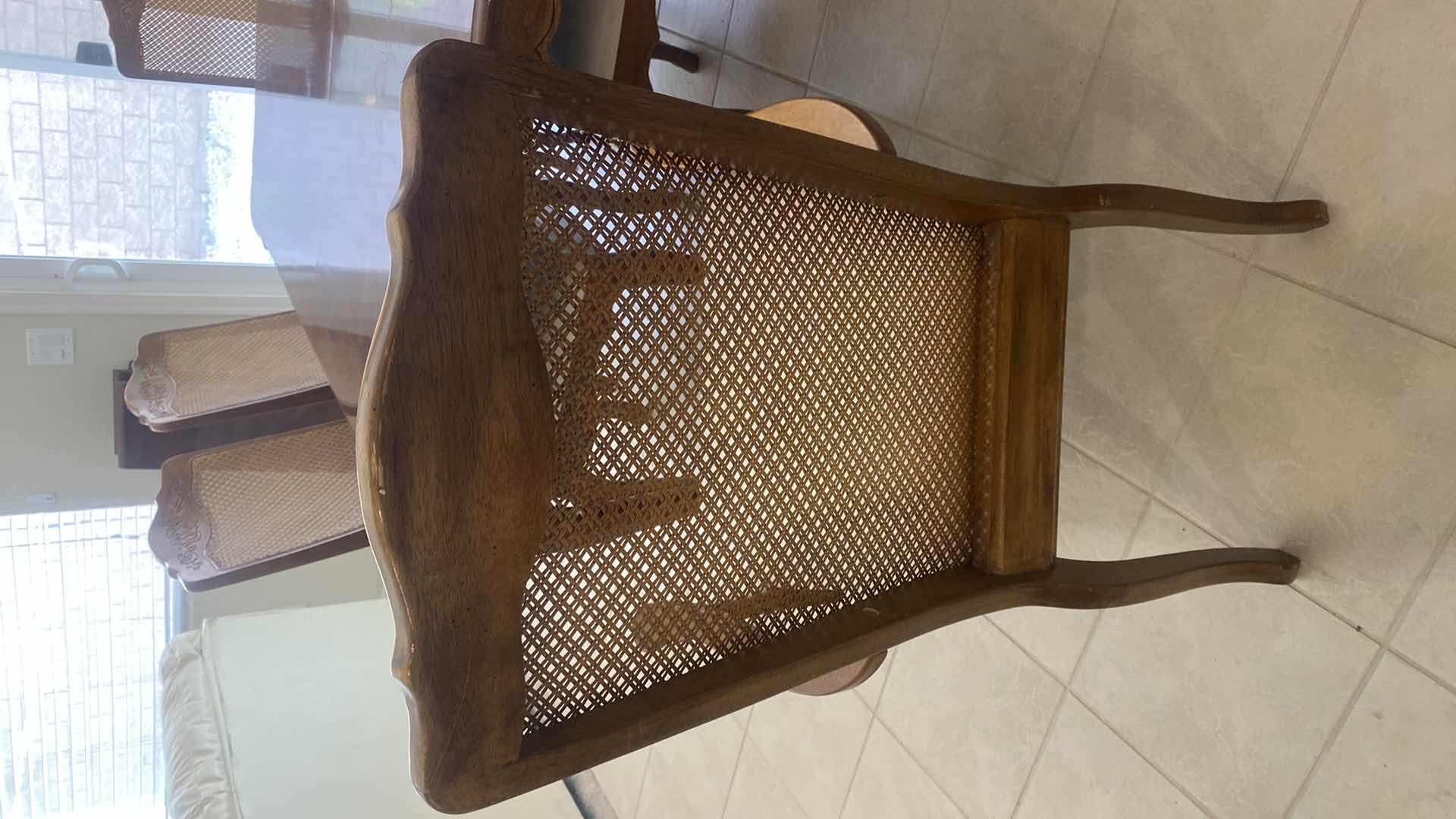 View 9 of WOOD TRADITIONAL DINING TABLE 59” x 39” H 30” + 2 12” LEAFS & 6 CANE BACK UPHOLSTERED CHAIRS MANUFACTURED IN TAIWAN (matching China hutch available sold separately)