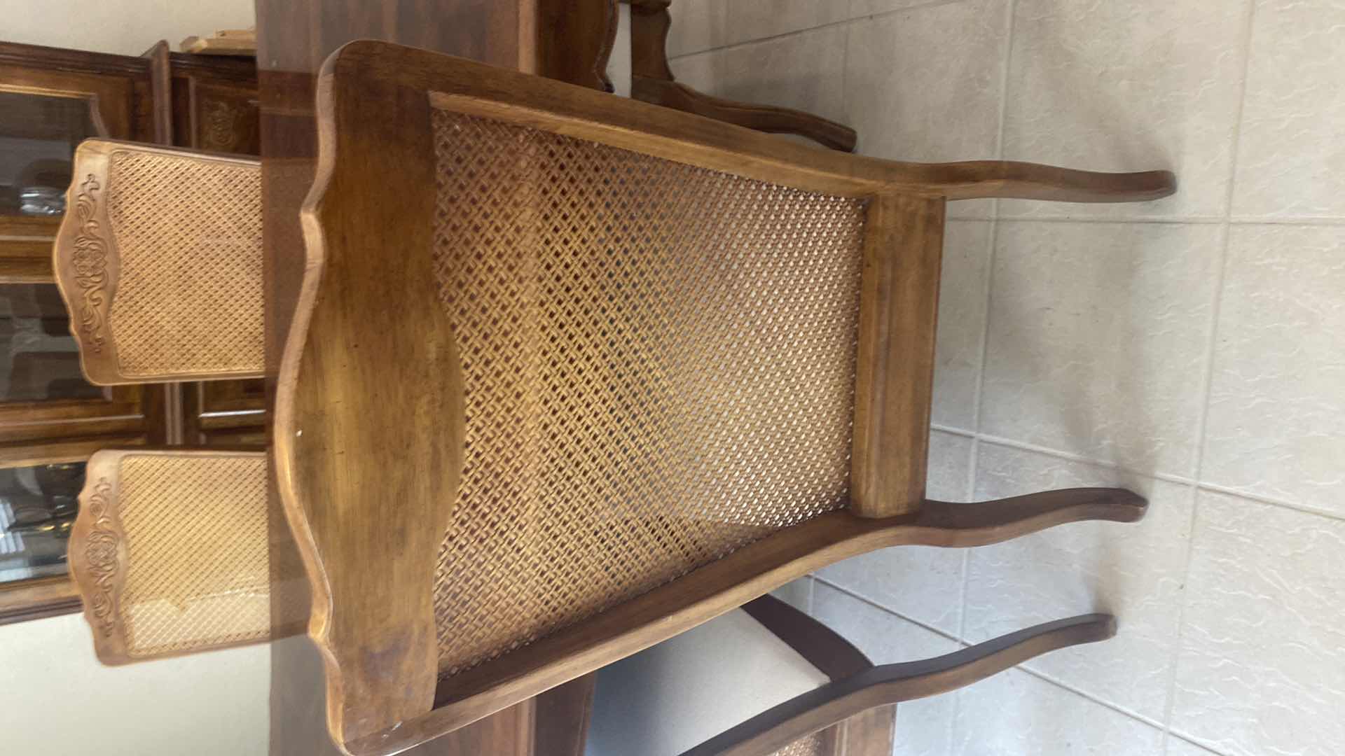 View 14 of WOOD TRADITIONAL DINING TABLE 59” x 39” H 30” + 2 12” LEAFS & 6 CANE BACK UPHOLSTERED CHAIRS MANUFACTURED IN TAIWAN (matching China hutch available sold separately)