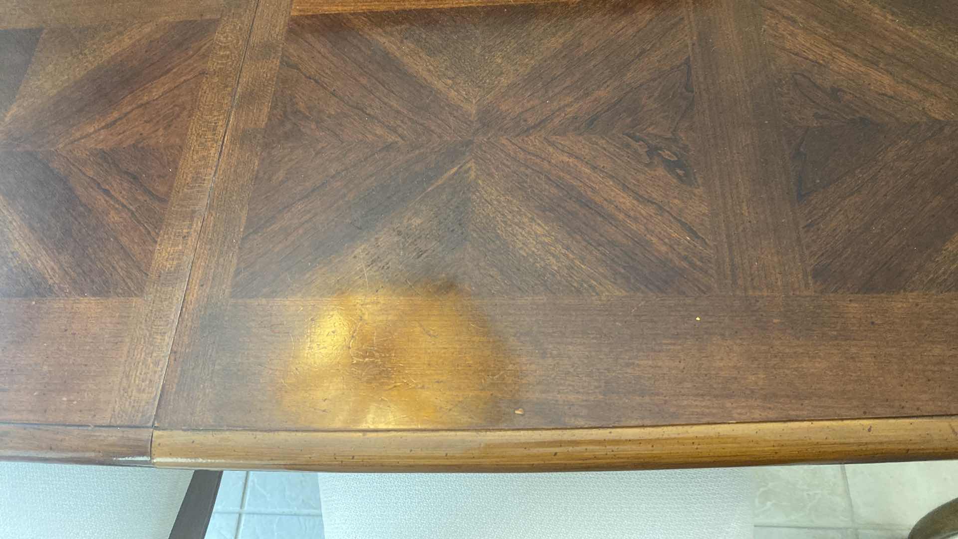 View 4 of WOOD TRADITIONAL DINING TABLE 59” x 39” H 30” + 2 12” LEAFS & 6 CANE BACK UPHOLSTERED CHAIRS MANUFACTURED IN TAIWAN (matching China hutch available sold separately)