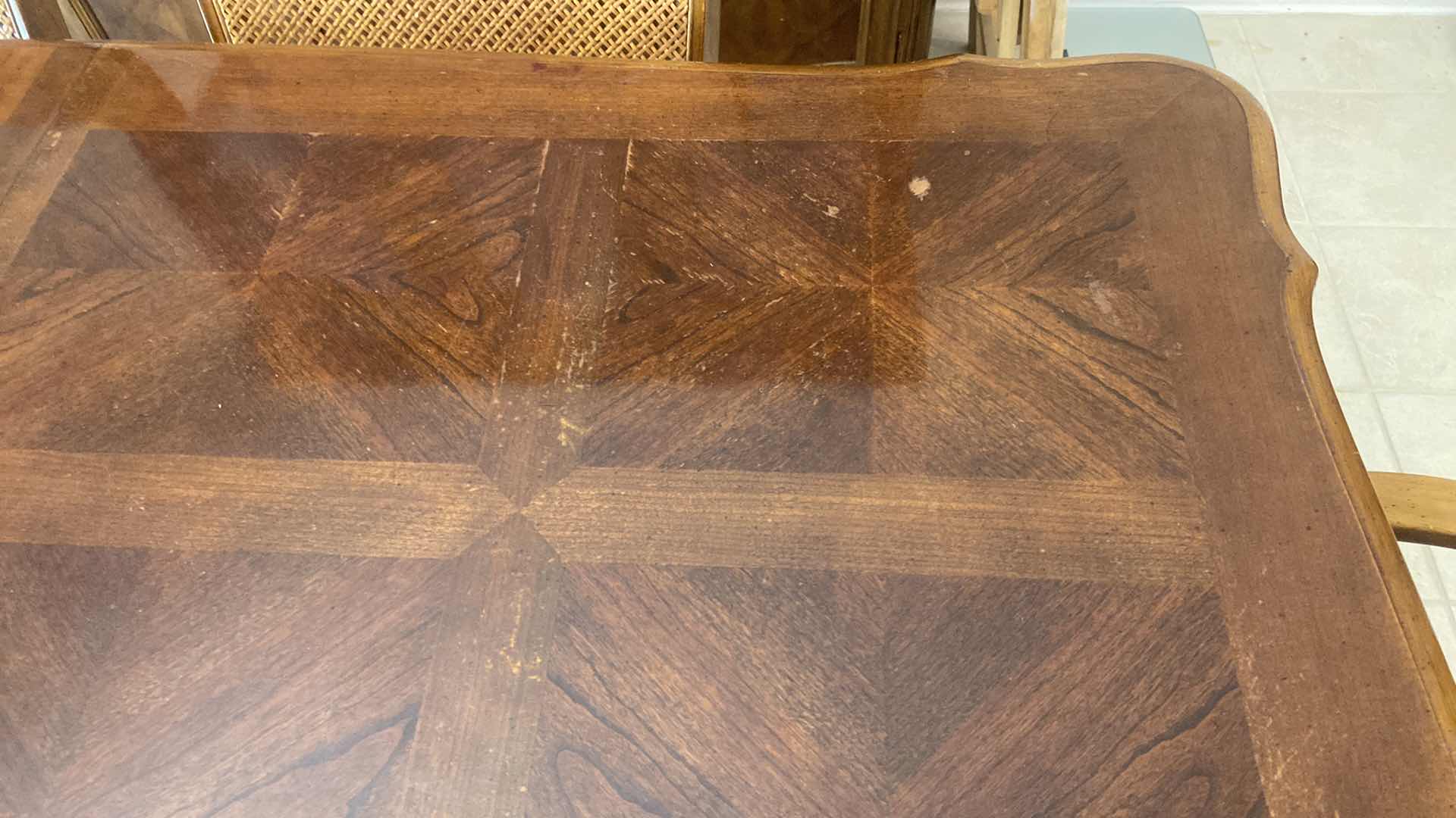 View 3 of WOOD TRADITIONAL DINING TABLE 59” x 39” H 30” + 2 12” LEAFS & 6 CANE BACK UPHOLSTERED CHAIRS MANUFACTURED IN TAIWAN (matching China hutch available sold separately)