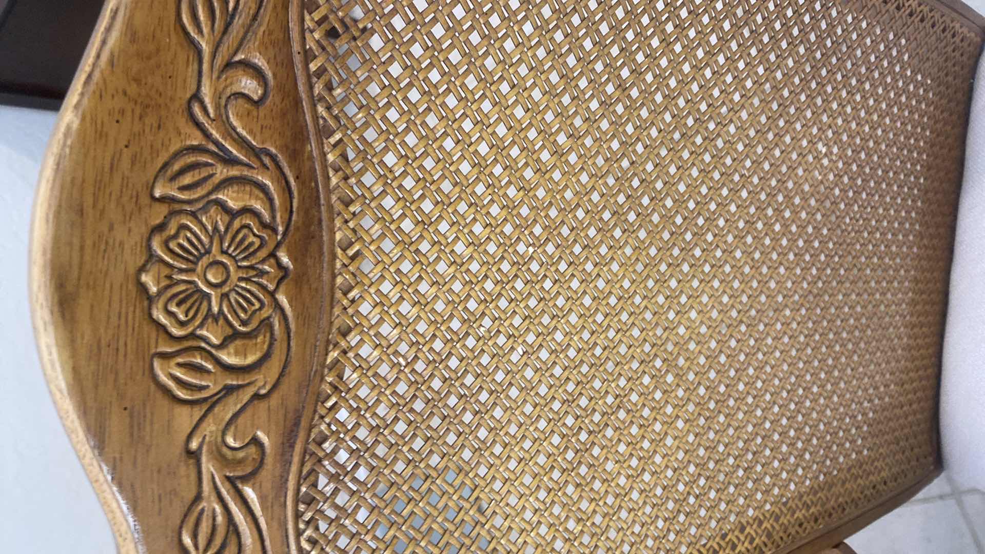 View 6 of WOOD TRADITIONAL DINING TABLE 59” x 39” H 30” + 2 12” LEAFS & 6 CANE BACK UPHOLSTERED CHAIRS MANUFACTURED IN TAIWAN (matching China hutch available sold separately)
