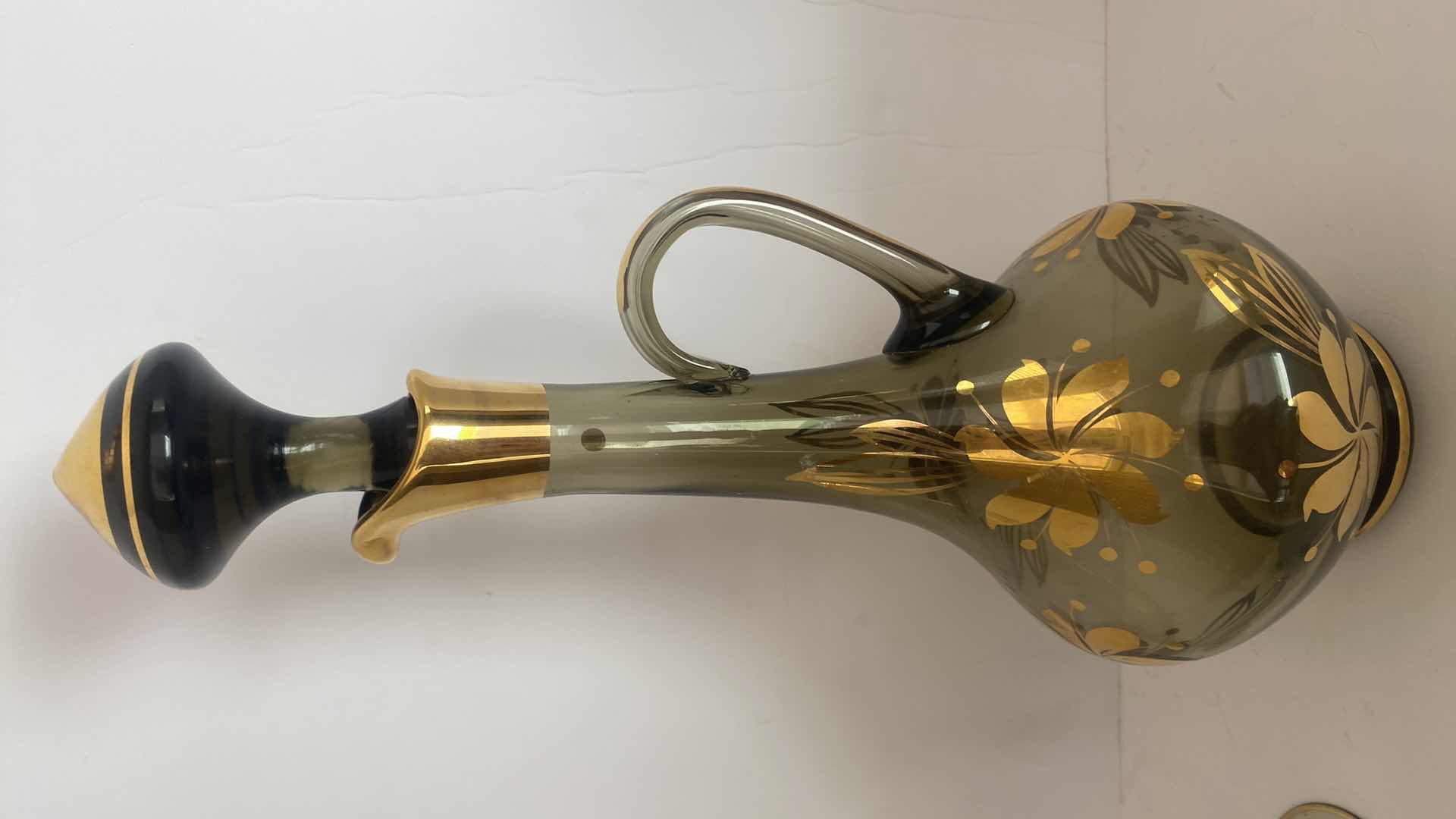 Photo 1 of GLASS DECANTER WITH GOLD FLORAL DESIGN AND TRIM WITH 3 GLASSES