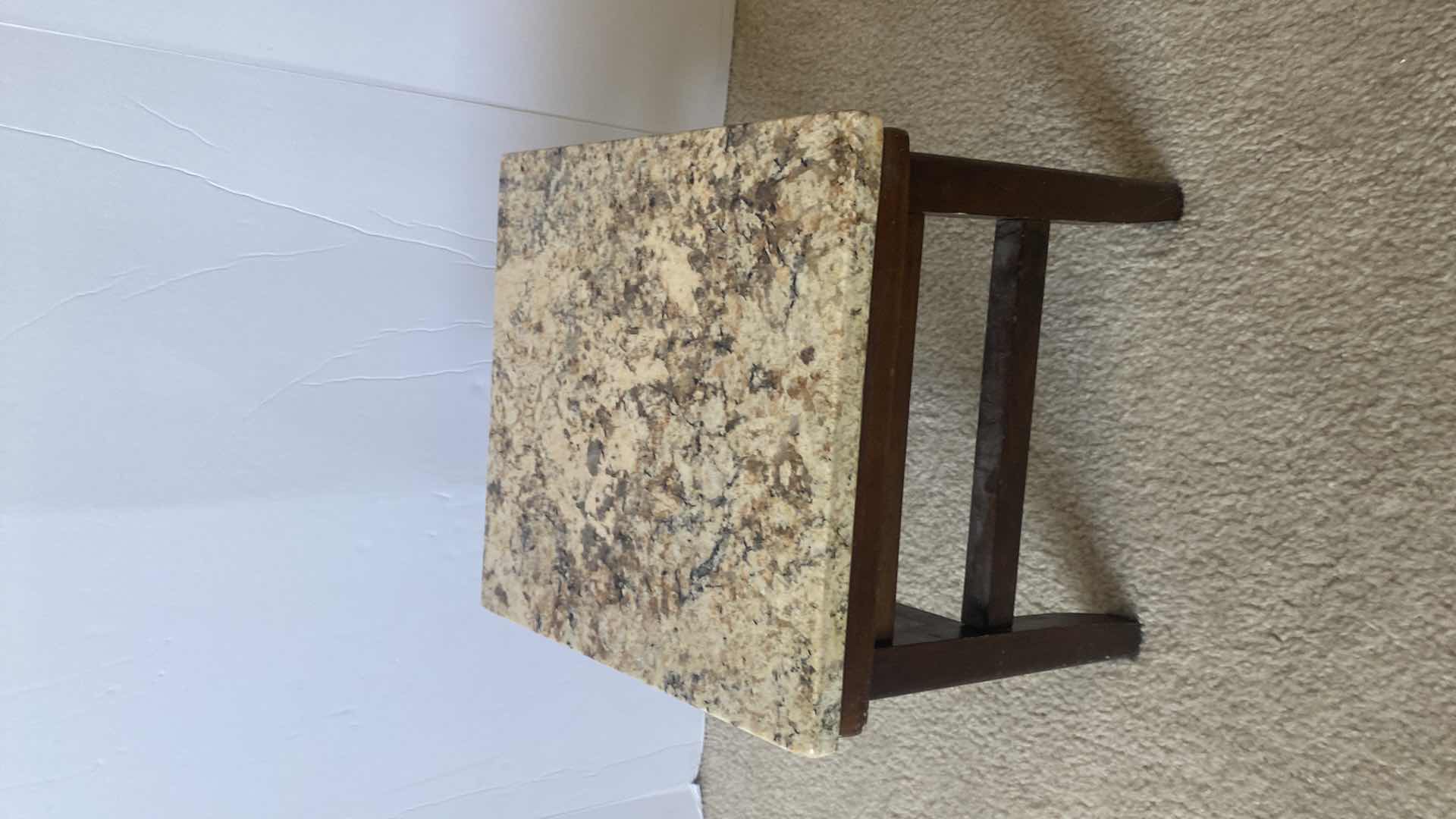 Photo 1 of WOOD FOOT STOOL WITH GRANITE TOP 12” x 12” H 12 1/2”