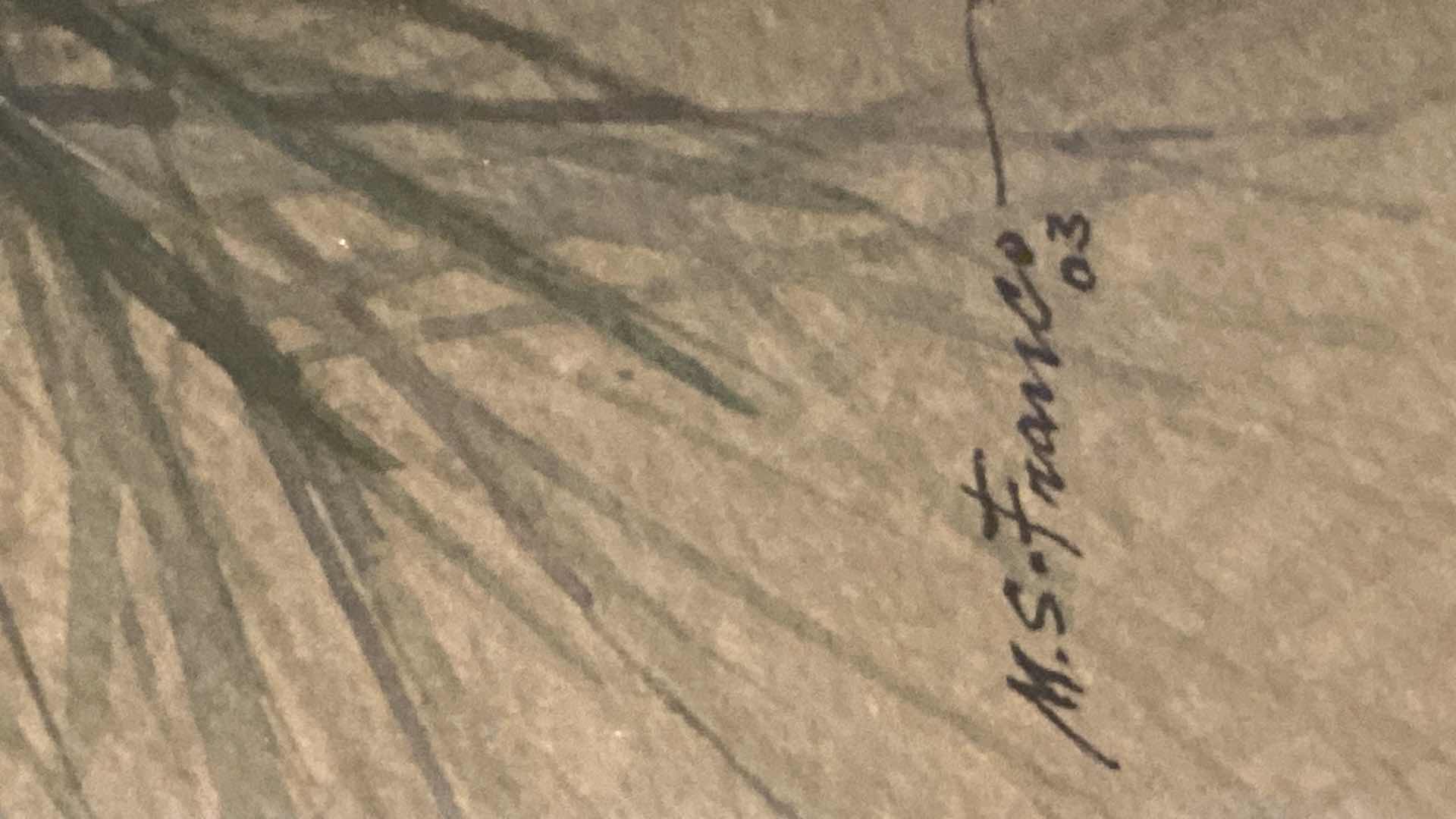 Photo 3 of GOLD BURNISHED FRAMED PINE WITH BIRDS M.S. FRANCO SIGNED ORIGINAL ON FRONT & BACK PAPER BOARD ARTWORK 28” x 34”