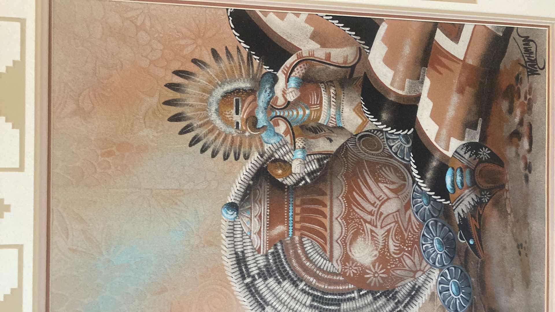 Photo 1 of  OAK FRAMED NAVAJO SAND PAINTING BY MICHAEL WATCHMAN SIGNED ARTWORK 28 1/2“ x 35“