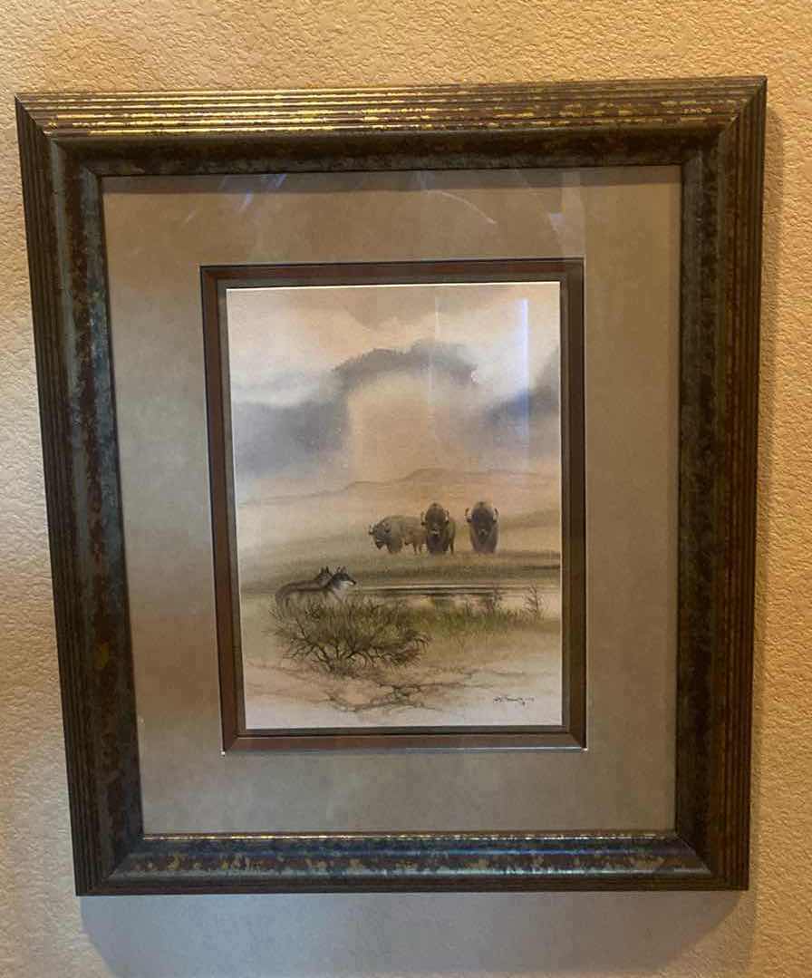 View 1 of FRAMED M. S. FRANCO BUFFALO & WOLF ORIGINAL ON PAPER SIGNED ON FRONT & BACK  ARTWORK 19 1/2  x 23 1/2