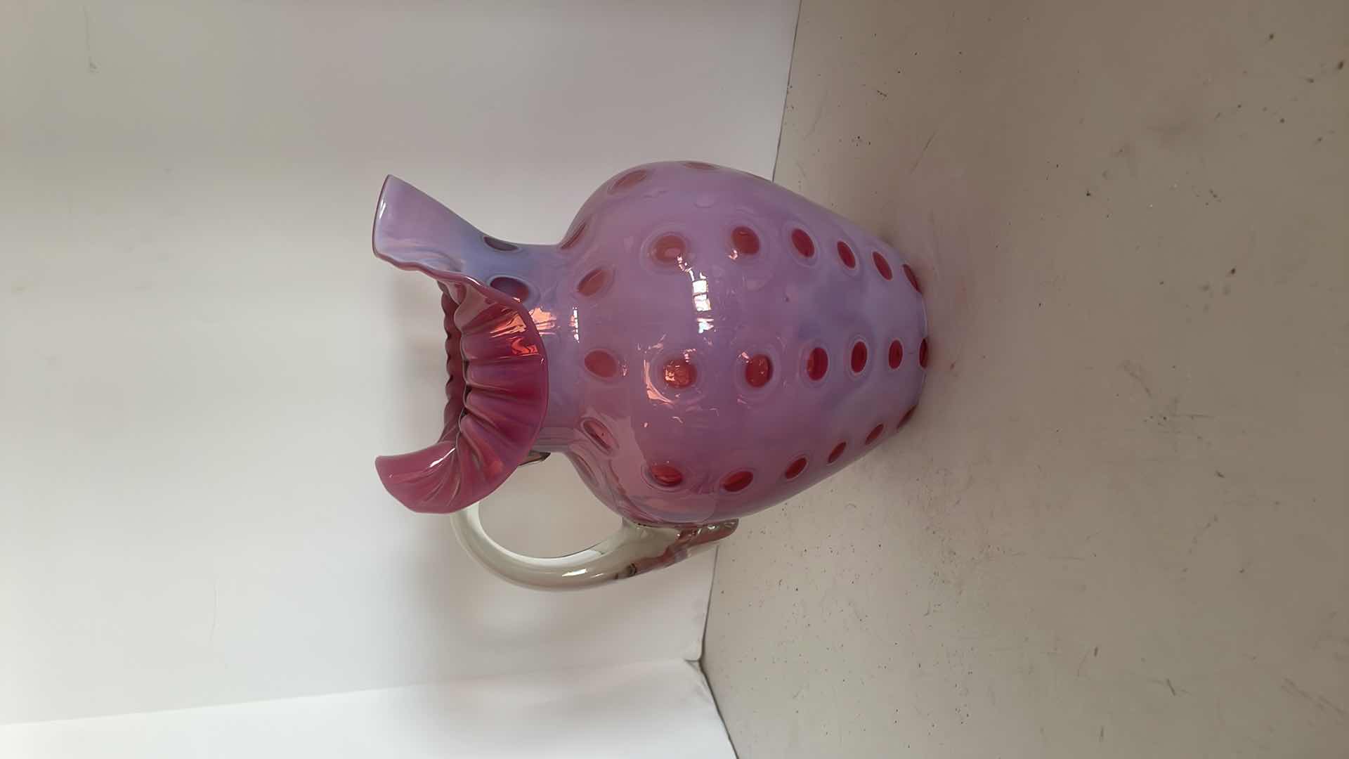 Photo 1 of HAND BLOWN CRANBERRY CARNIVAL GLASS PITCHER VASE  9.5” H