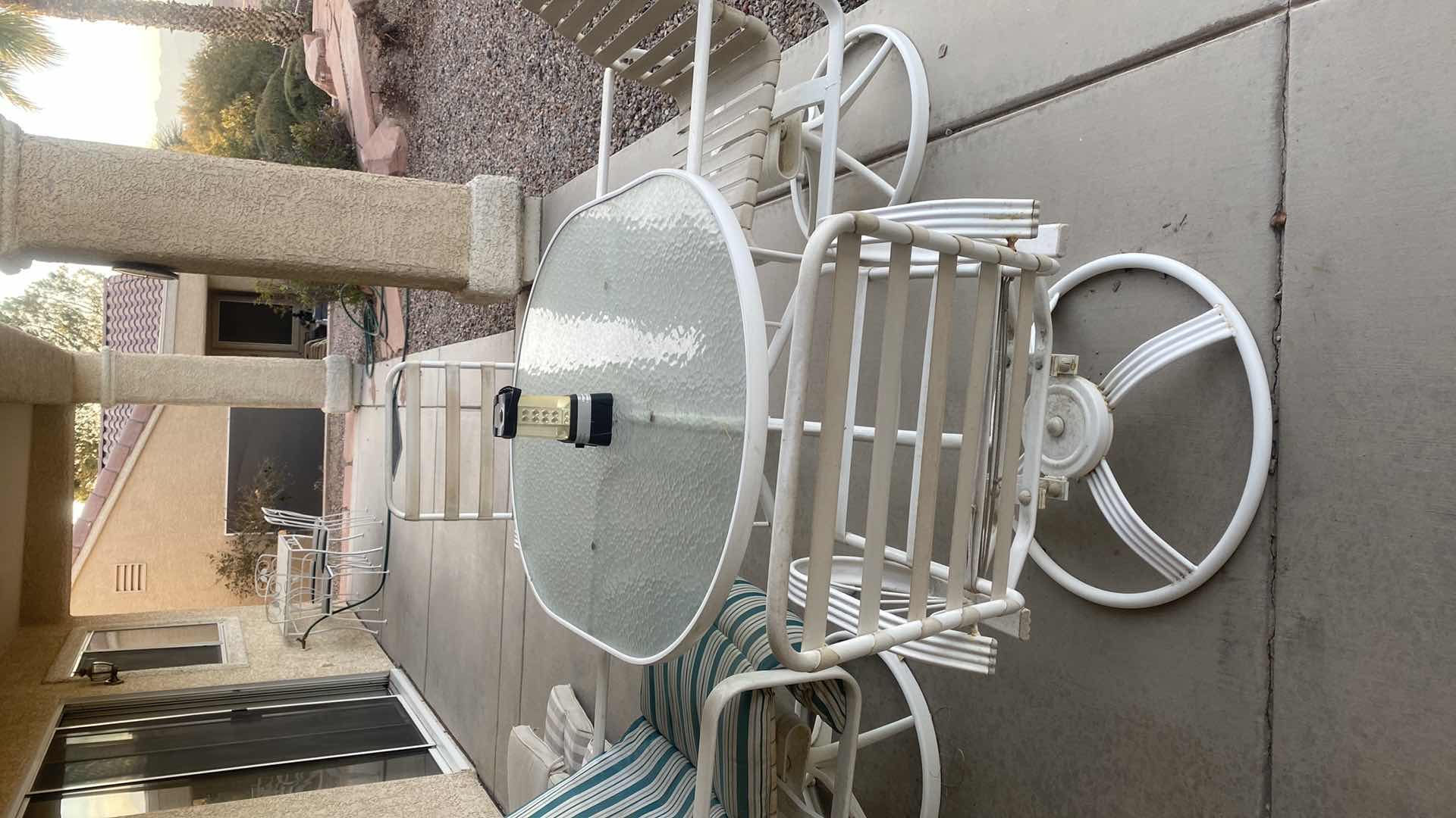 Photo 1 of 5 PIECE PATIO SET ALUMINUM GLASS TOP OVAL TABLE & 4 SWIVEL CHAIRS 55” x 38” H28”