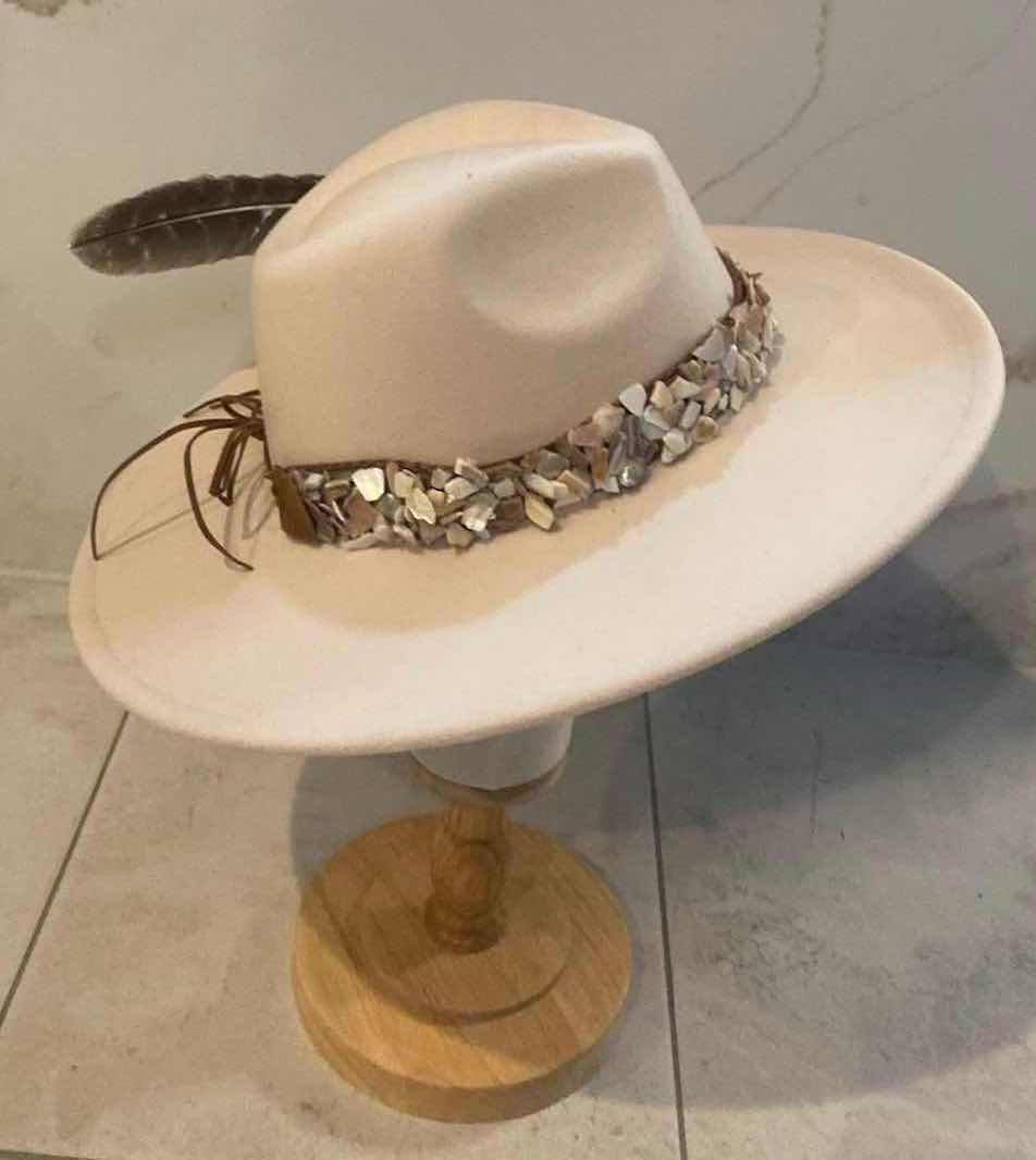 Photo 1 of NEW CUSTOM DESIGNED FEDORA WITH CRUSHED SEASHELL HATBAND -WOMENS WIDE BRIM HAT CREAM COLOR (ADJUSTABLE)