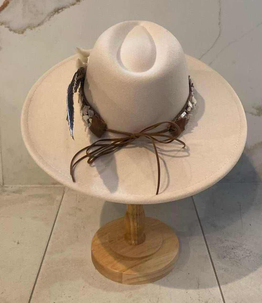 Photo 1 of NEW CUSTOM DESIGNED FEDORA WITH CRUSHED SEASHELL HATBAND -WOMENS WIDE BRIM HAT CREAM COLOR (ADJUSTABLE)