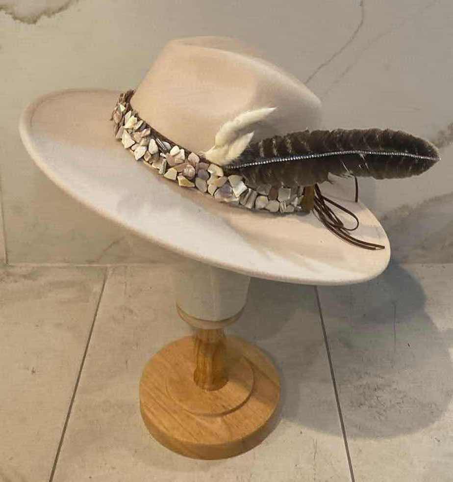 Photo 1 of NEW CUSTOM DESIGNED FEDORA WITH CRUSHED SEASHELL HATBAND -WOMENS WIDE BRIM HAT CREAM COLOR (ADJUSTABLE)
