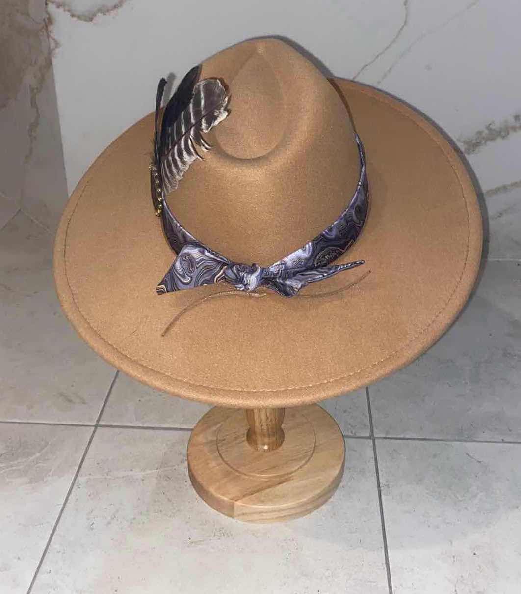 Photo 1 of  NEW CUSTOM DESIGNED FEDORA WITH LOUIS VUITTON MONOGRAM EMBELLISHMENTS HAT - WIDE BRIM TAN COLOR (ADJUSTABLE)