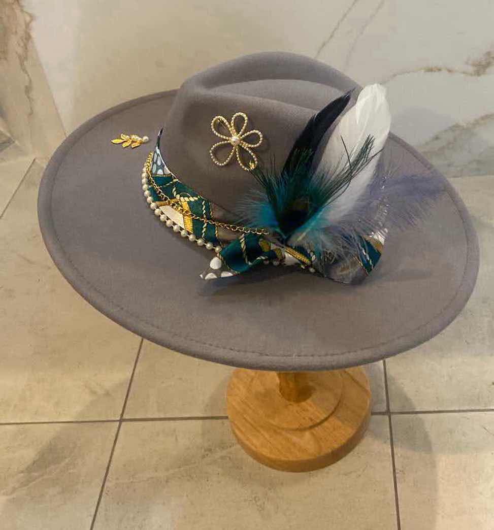 Photo 1 of NEW CUSTOM DESIGNED WOMENS GRAY FELT LARGE BRIM FEDORA HAT (ADJUSTABLE)