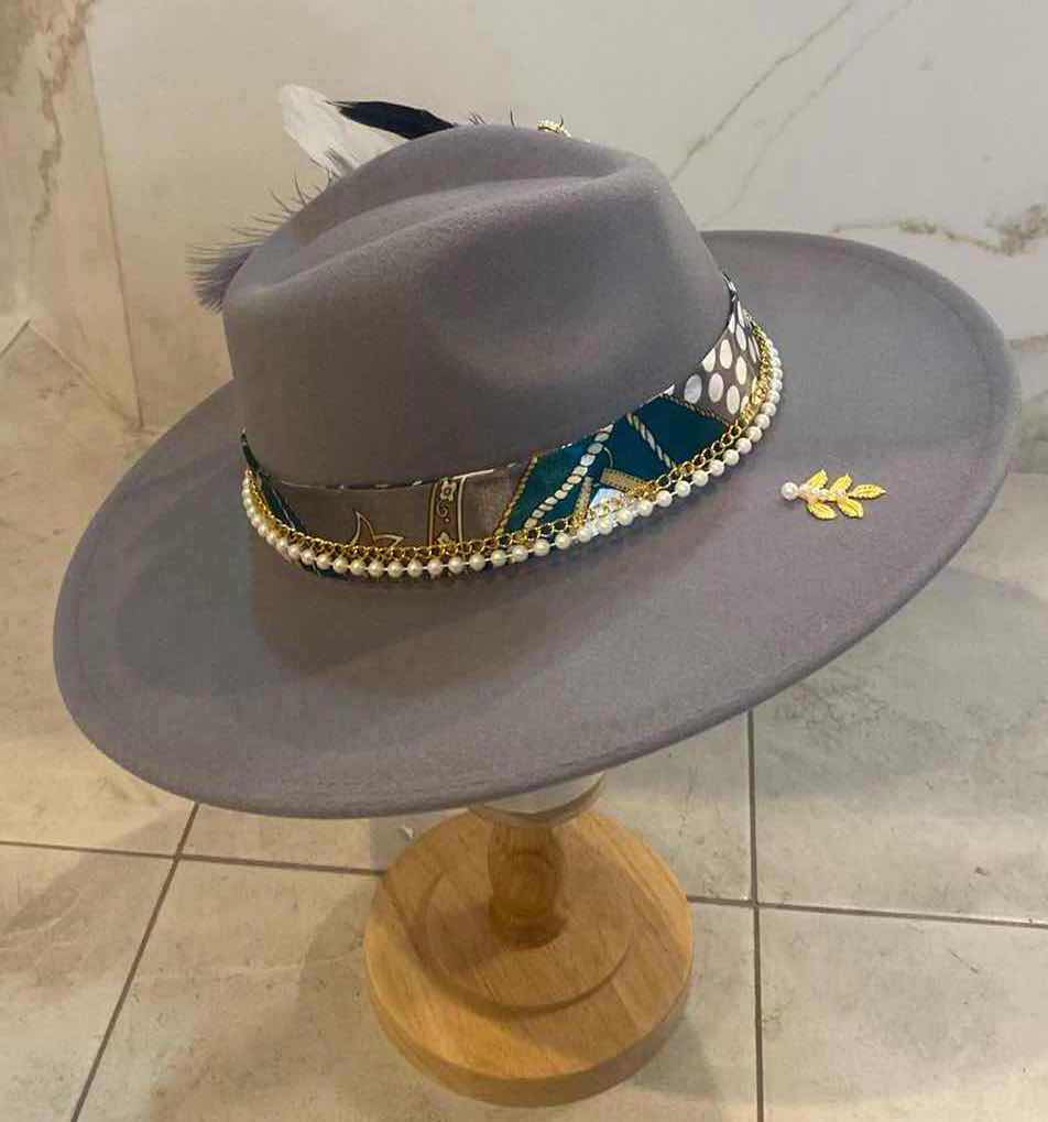 Photo 1 of NEW CUSTOM DESIGNED WOMENS GRAY FELT LARGE BRIM FEDORA HAT (ADJUSTABLE)