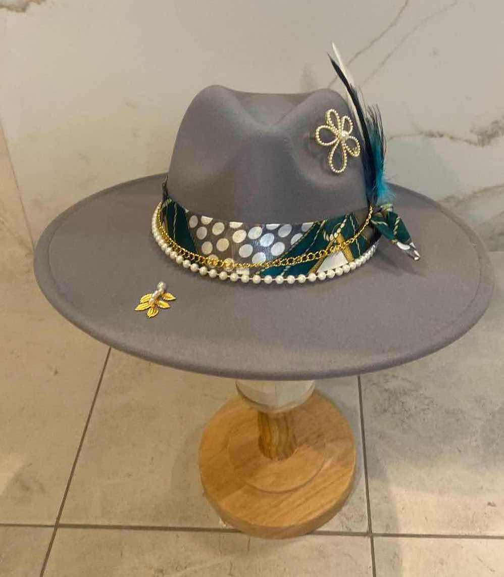 Photo 1 of NEW CUSTOM DESIGNED WOMENS GRAY FELT LARGE BRIM FEDORA HAT (ADJUSTABLE)