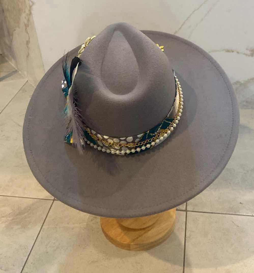 Photo 1 of NEW CUSTOM DESIGNED WOMENS GRAY FELT LARGE BRIM FEDORA HAT (ADJUSTABLE)