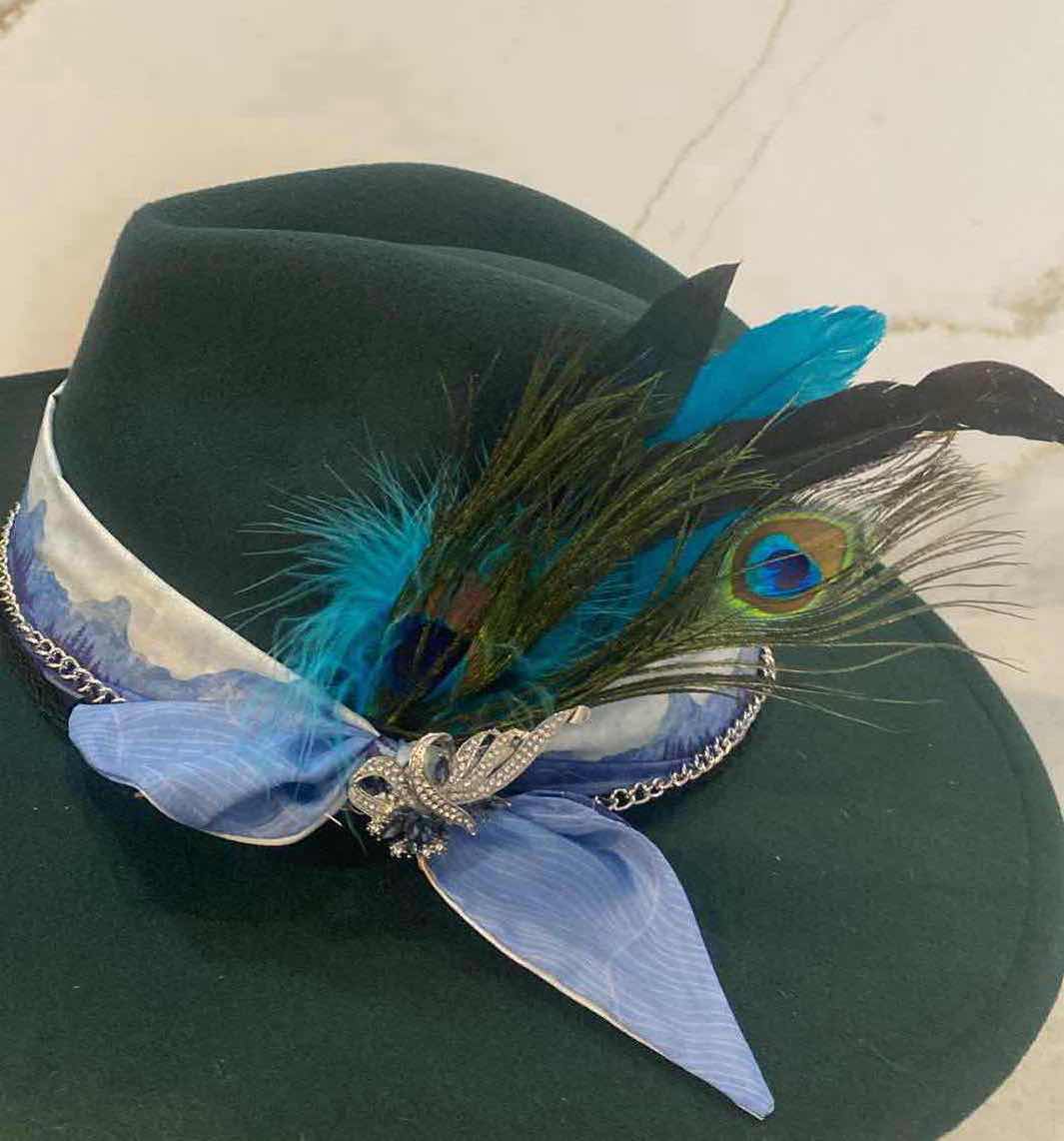 Photo 1 of NEW CUSTOM DESIGNED WOMENS FOREST GREEN FELT LARGE BRIM FEDORA HAT (ADJUSTABLE)