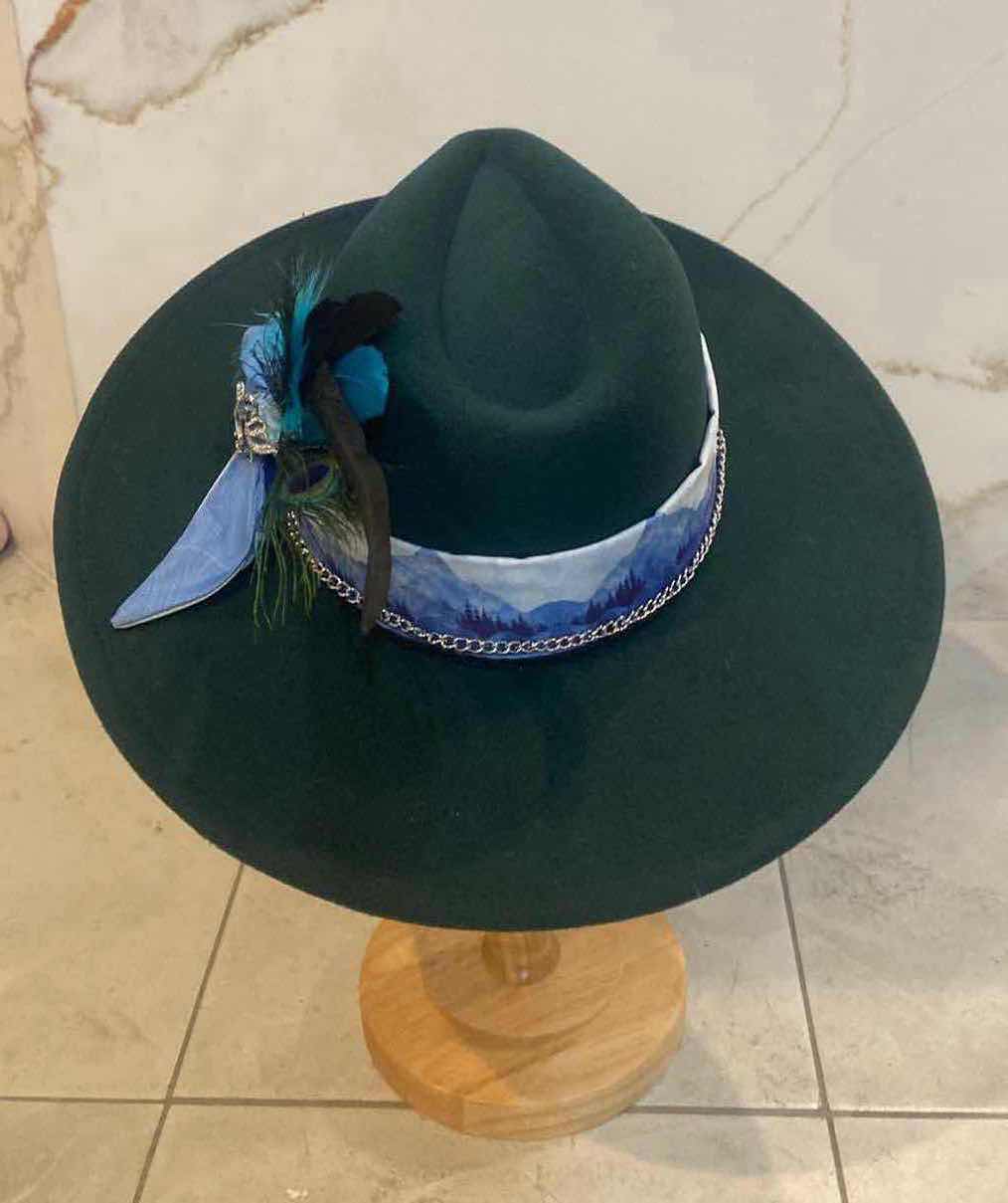 Photo 1 of NEW CUSTOM DESIGNED WOMENS FOREST GREEN FELT LARGE BRIM FEDORA HAT (ADJUSTABLE)