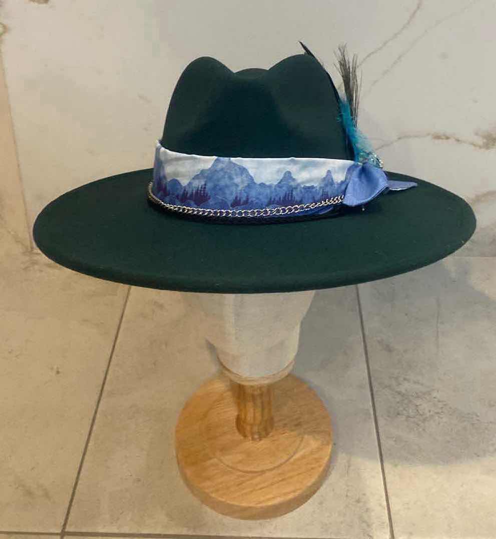 Photo 1 of NEW CUSTOM DESIGNED WOMENS FOREST GREEN FELT LARGE BRIM FEDORA HAT (ADJUSTABLE)