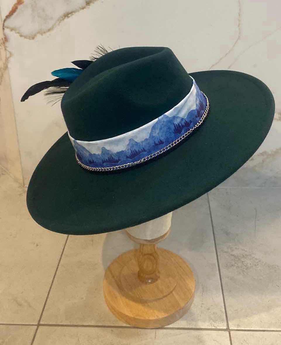 Photo 1 of NEW CUSTOM DESIGNED WOMENS FOREST GREEN FELT LARGE BRIM FEDORA HAT (ADJUSTABLE)