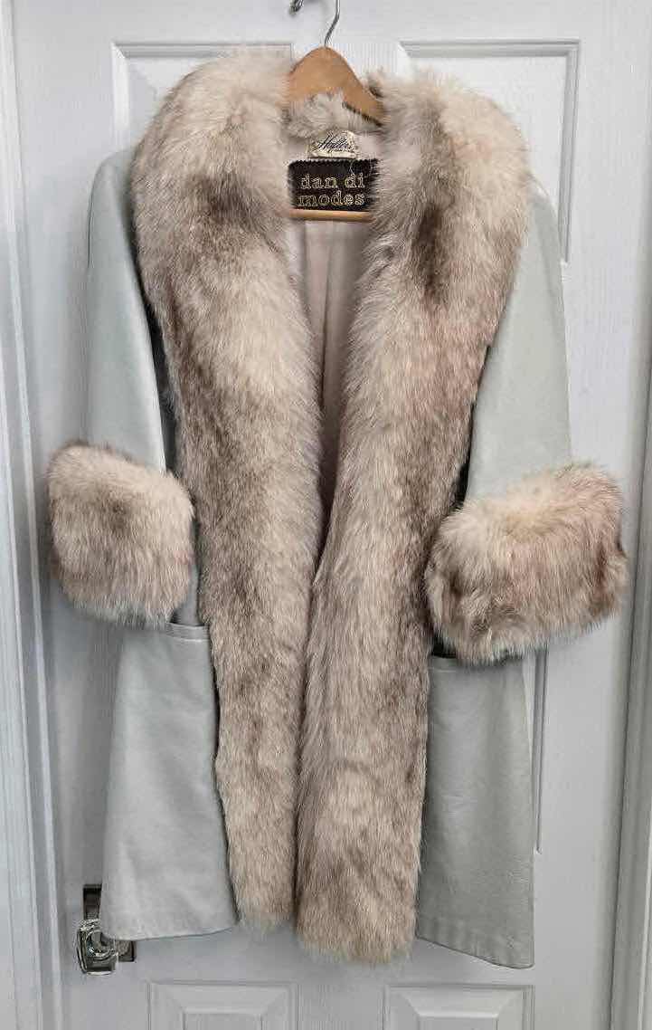 Photo 1 of LIGHT GREY LEATHER & FOX FUR COAT WITH BRACELET SLEEVES ESTIMATED SIZE SMALL/MEDIUM