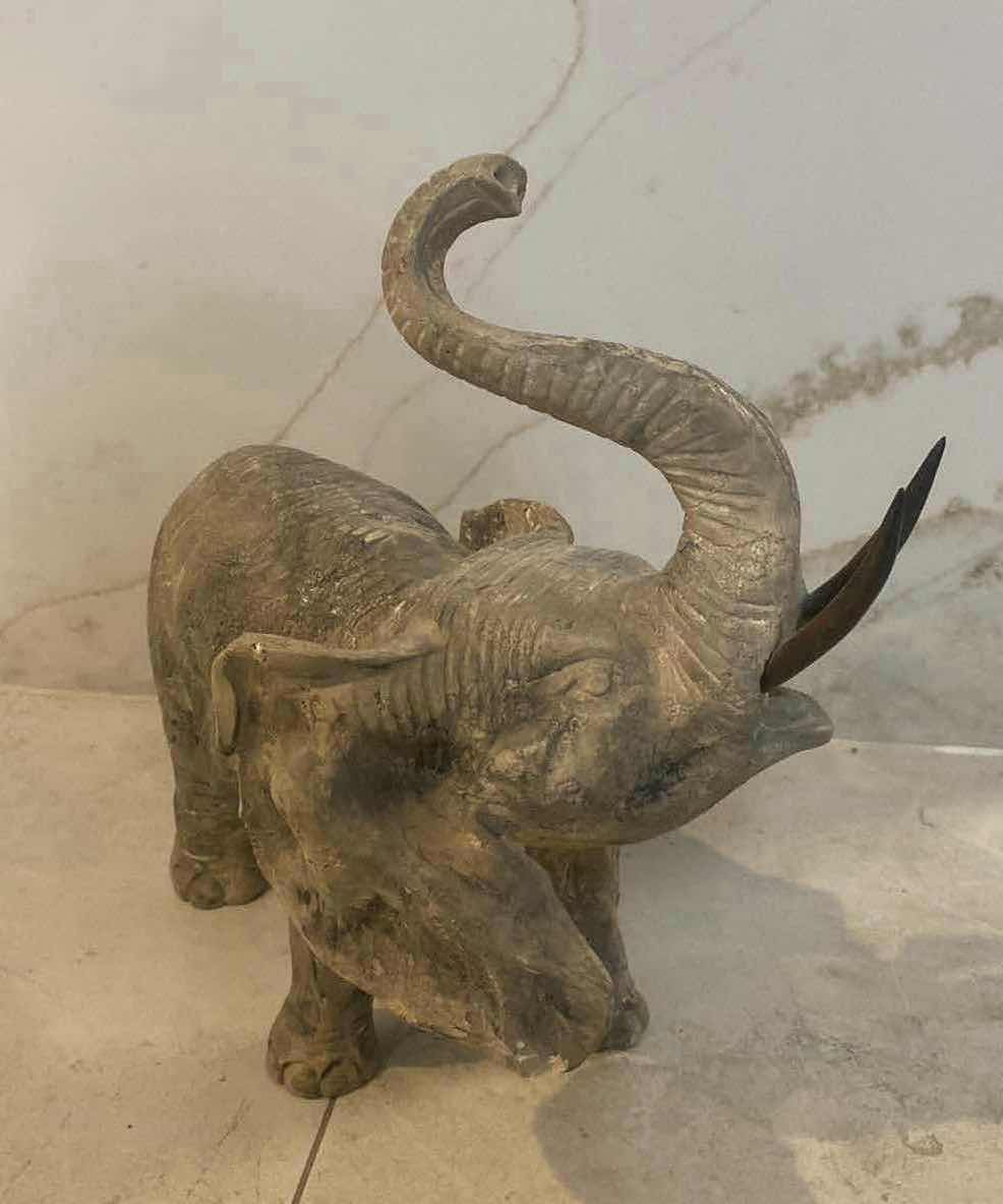 Photo 1 of HEAVY CONCRETE ELEPHANT WITH BRONZE TUSKS FROM TEMPTATIONS DESIGNS 14“ x 7“ H 14 1/2”