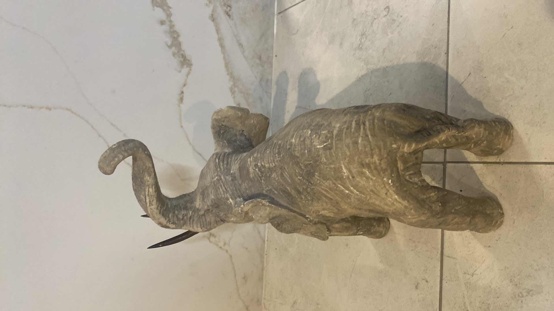 Photo 1 of HEAVY CONCRETE ELEPHANT WITH BRONZE TUSKS FROM TEMPTATIONS DESIGNS 14“ x 7“ H 14 1/2”