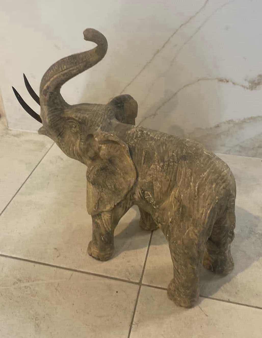 Photo 1 of HEAVY CONCRETE ELEPHANT WITH BRONZE TUSKS FROM TEMPTATIONS DESIGNS 14“ x 7“ H 14 1/2”