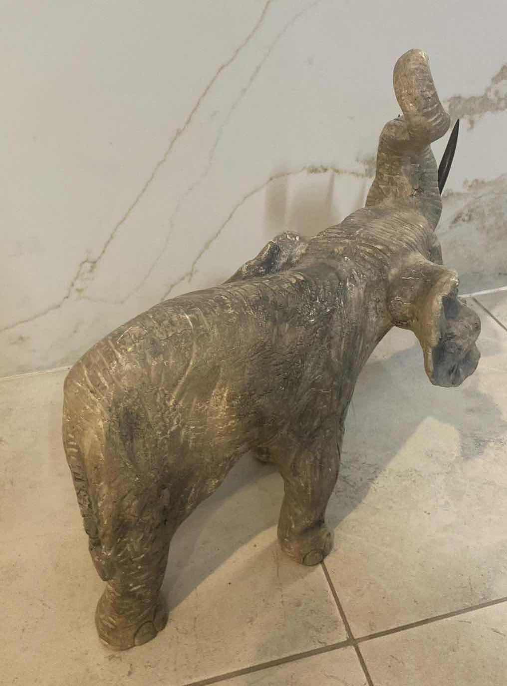 Photo 1 of HEAVY CONCRETE ELEPHANT WITH BRONZE TUSKS FROM TEMPTATIONS DESIGNS 14“ x 7“ H 14 1/2”