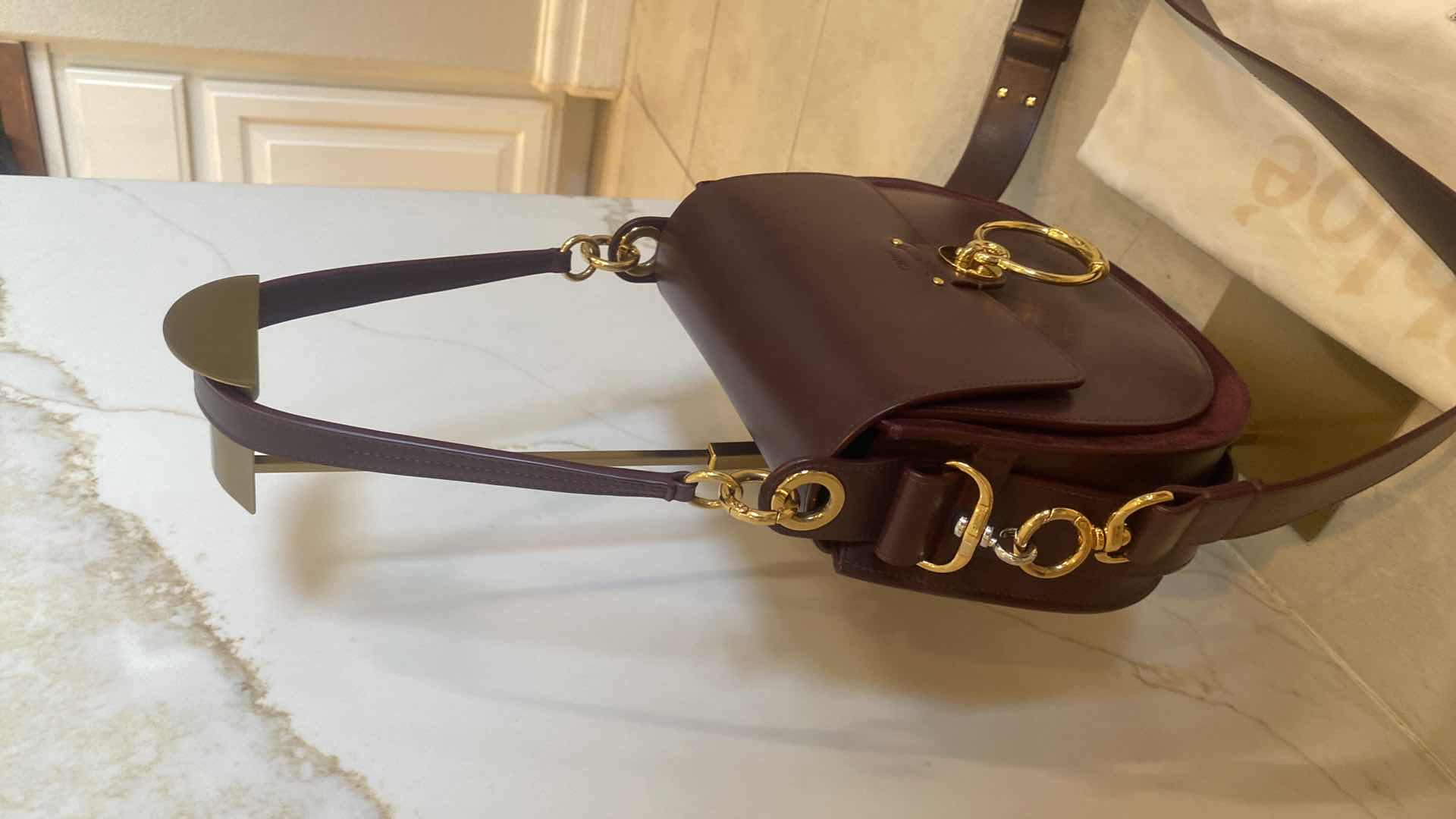 Photo 1 of AUTHENTIC CHLOE TESS LEATHER & SUEDE BURNT BROWN DUAL CARRY WITH GOLD HARDWARE HANDBAG (CURRENT RETAIL $2450) PAPERWORK & DUSTBAG 10 1/4“ x 3 1/2“ H9 1/2”