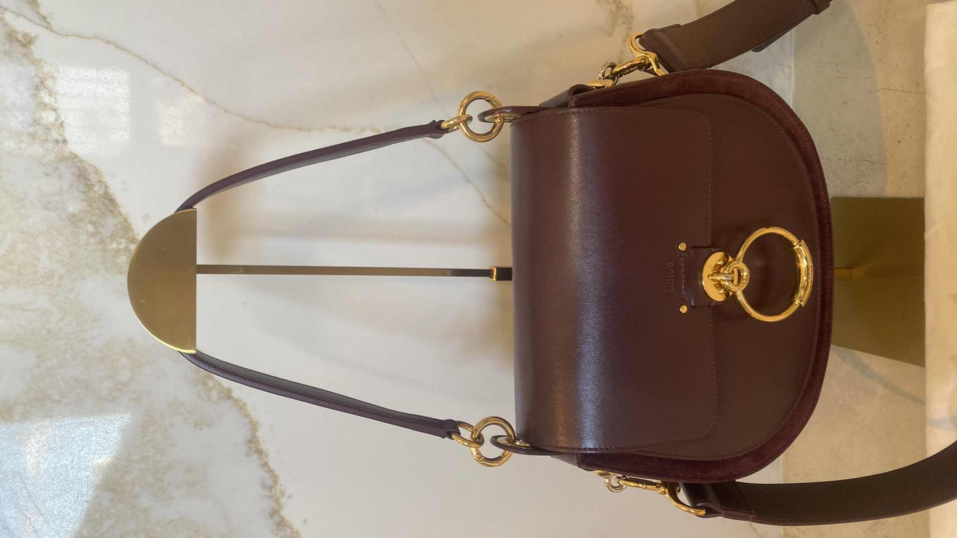 Photo 1 of AUTHENTIC CHLOE TESS LEATHER & SUEDE BURNT BROWN DUAL CARRY WITH GOLD HARDWARE HANDBAG (CURRENT RETAIL $2450) PAPERWORK & DUSTBAG 10 1/4“ x 3 1/2“ H9 1/2”