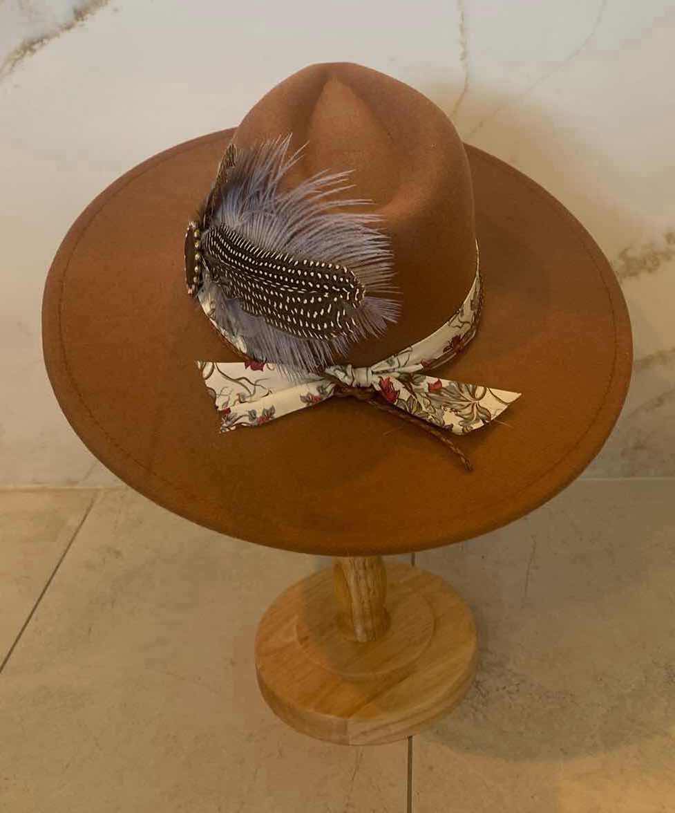 Photo 1 of  NEW CUSTOM DESIGNED FEDORA WITH LOUIS VUITTON MONOGRAM EMBELLISHMENTS HAT - WIDE BRIM CARMEL COLOR (ADJUSTABLE)