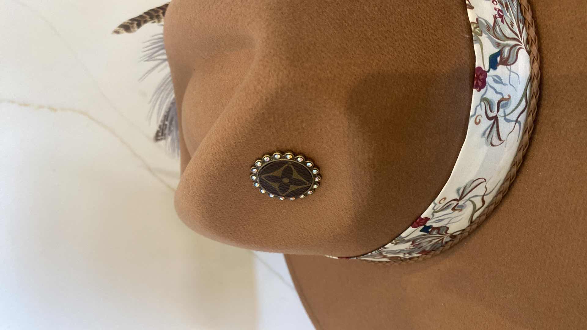 Photo 1 of  NEW CUSTOM DESIGNED FEDORA WITH LOUIS VUITTON MONOGRAM EMBELLISHMENTS HAT - WIDE BRIM CARMEL COLOR (ADJUSTABLE)